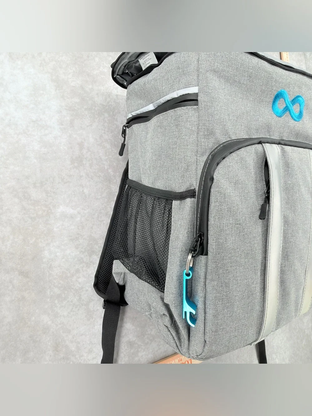 Gray Backpack cooler bag with Blue Infinity Logo storage large